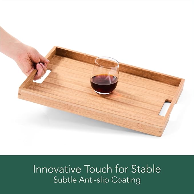 DETOR Serving Tray 17" x 13", Innovative Anti-Slip Coating, Light Walnut Bamboo Finish, Solid Bamboo Board, Decorative & Ottoman Tray for Food, Drinks, and Home Décor