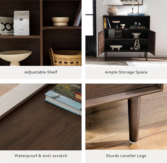 Rattan Sideboard Cabinet Set of 3, Boho Buffet Storage Cabinet Farmhouse Credenza Cabinets with Doors and Adjustable Shelves for Living Room, Dining Room, Entryway, Kitchen(Natural Oak)