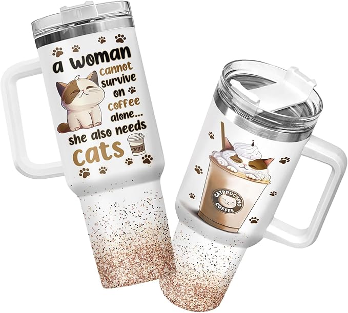 34HD Cat Lady Tumbler with Lid & Straw, 40oz Stainless Steel Vacuum Insulated Coffee Mug with Cats, Cute Kitty Gifts for Her Women, Cat Mom Gifts for Birthday Mothers Day Christmas