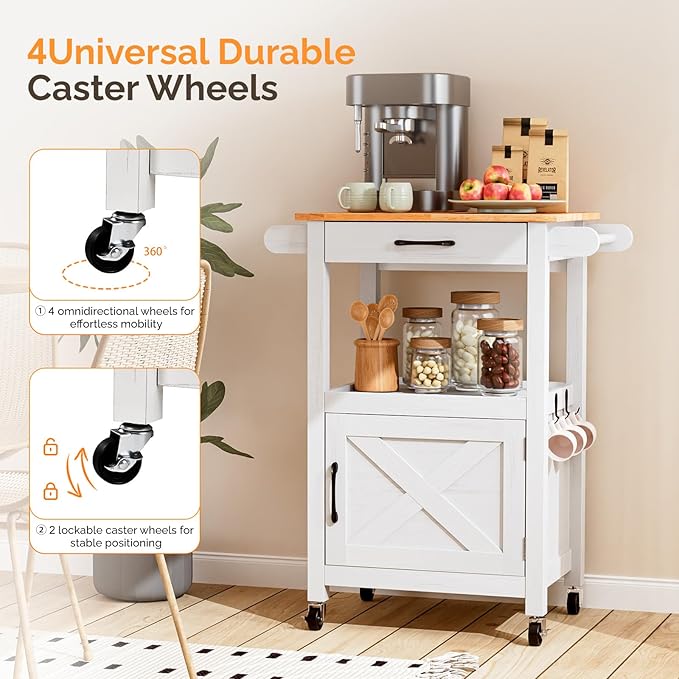 VINGLI Microwave Cart with Drawer and Storage Cabinet, Small Kitchen Island on Wheels, Coffee Station Microwave Stand with Hooks & Shelves, Compact Kitchen Storage Cart, White
