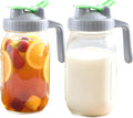 Mason Jar Pitcher With Pour Lid 32 Oz Glass Breast milk Storage Jug 1 Quart Wide Mouth Glass Tea Pitcher With Handle Creamer Container For Fridge Juice, Cold Brew Coffee,Lemonade,Beverage 2 Set