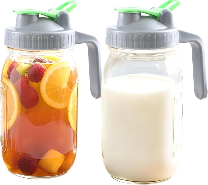 Mason Jar Pitcher With Pour Lid 32 Oz Glass Breast milk Storage Jug 1 Quart Wide Mouth Glass Tea Pitcher With Handle Creamer Container For Fridge Juice, Cold Brew Coffee,Lemonade,Beverage 2 Set