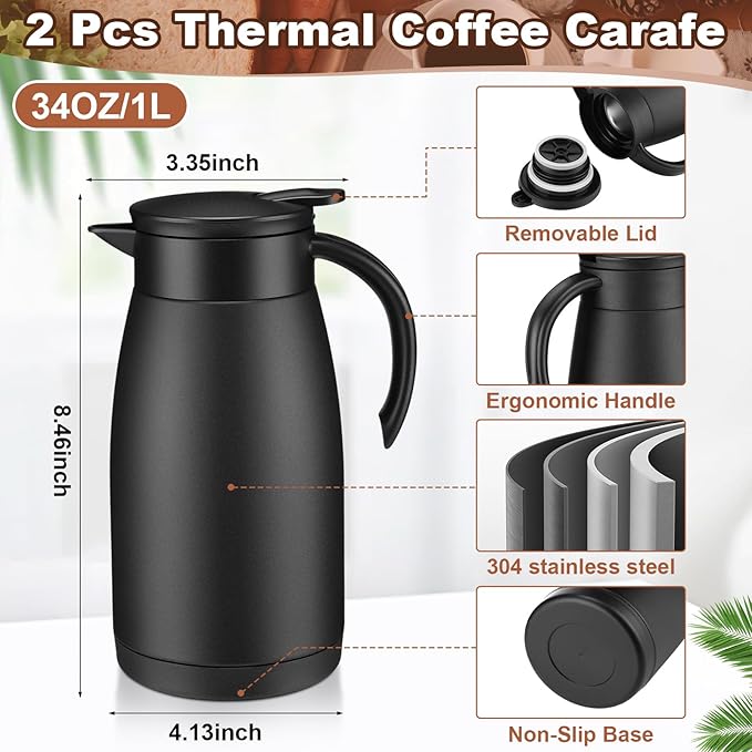 Uiifan 2 Pcs 34 Oz Thermal Coffee Carafe Stainless Steel Insulated Vacuum Coffee Carafes Double Walled Vacuum Thermal Pot Flask with Brushes for Keeping Cold Hot Tea Water Milk Home Office (Black)