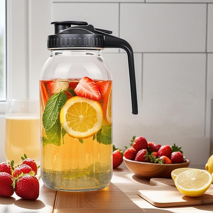 3 Pack 64oz Glass Mason Jar Pitcher with Airtight Lid and Handle – Wide Mouth, Leak-Proof, Ideal for Sun Tea, Cold Brew, Lemonade, Iced Coffee, Milk, and Water (Black)