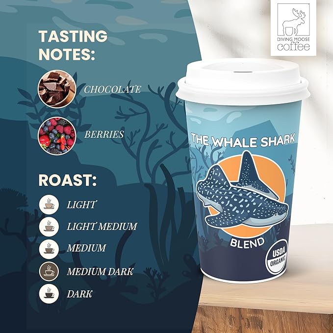 Diving Moose Coffee - The Whale Shark Blend USDA Organic Medium Dark Roast (32oz / 2 LB) - Chocolate Berries Specialty Grade Small-Batch Roasted to Order Smooth Not Bitter