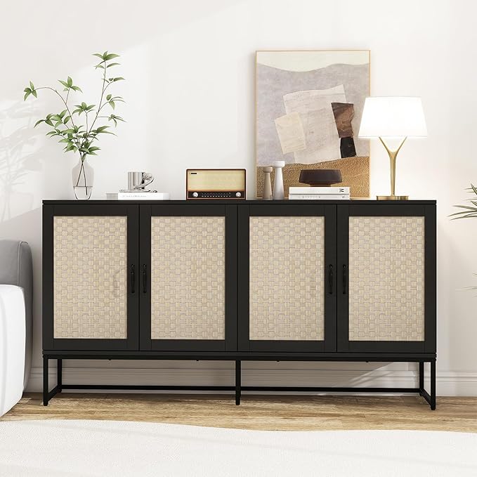 Kitchen Buffet Cabinet with 4 Rattan Decorated Doors, 59" Boho Cupboard with Metal Feet, Accent Buffet Console Storage Credenza for Living Room, Dining Room, Hallway, Office, Black