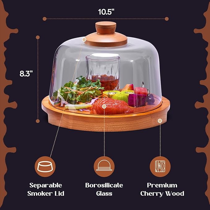 Cocktail Smoker Kit with Wooden Base and Glass Dome, Perfect for Infusing Smoky Flavors into Old Fashioned Cocktails, Whiskey, and Foods with Included Wood Chips
