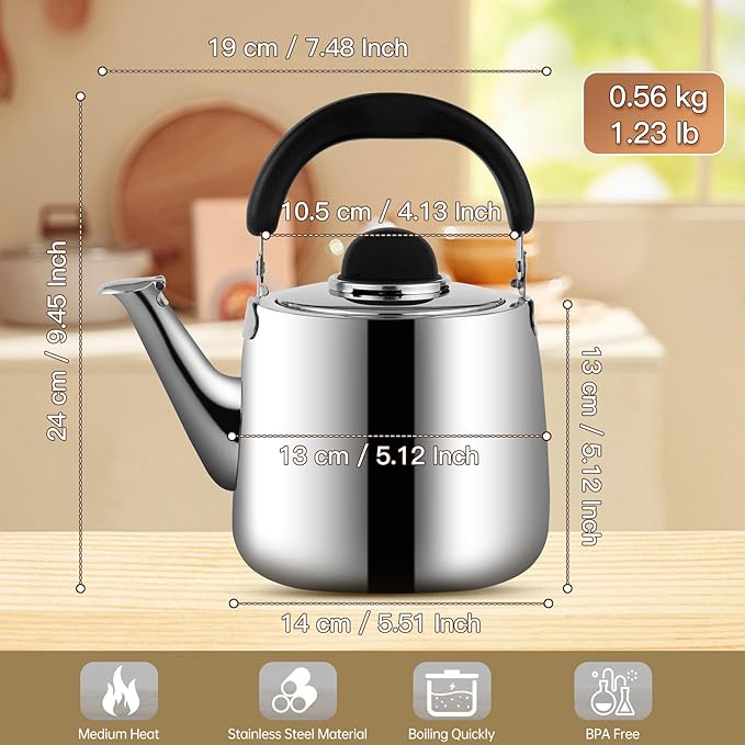Tea Kettle,Whistling Tea kettle for Stove Top,2 QT Stainless Steel Teapot,Induction Tea Kettle Pot for Stovetop (1.9 L,Silver)