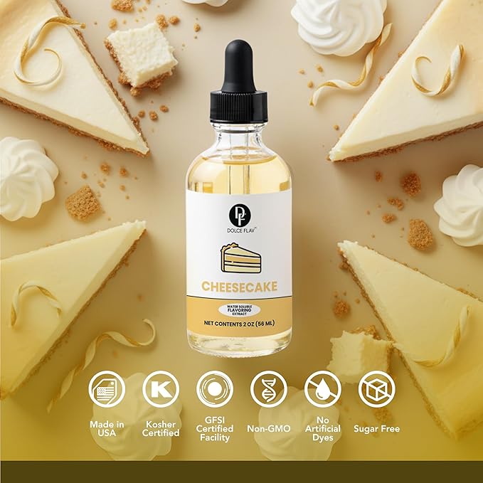 Dolce Flav Cheesecake Extract – 2 Ounce Water-Soluble Kosher, Sugar-Free, Concentrated Creamy Flavor for Desserts, Frostings & Pastries, Includes Measured Dropper