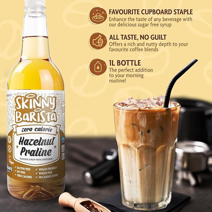 Skinny Food Co Hazelnut Praline Syrup Zero Calorie 35 Fl Oz - Sugar Free Hazelnut Coffee Syrups For Tea, Hot Chocolate, Fruit, Baking, Protein Drinks - Vegan-Friendly, Gluten-Free & Fat-Free