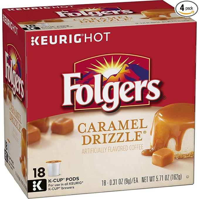 Folgers Caramel Drizzle Flavored Coffee, K Cup Pods for Keurig K Cup Brewers, 18-Count (Pack of 4)