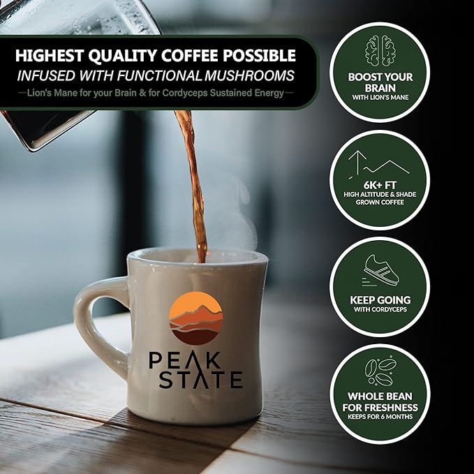 Peak State Coffee with Functional Mushrooms, Low Acid, Whole Bean (FOCUS, BOOST IMMUNITY, & DESTRESS) (Brain Sustain)