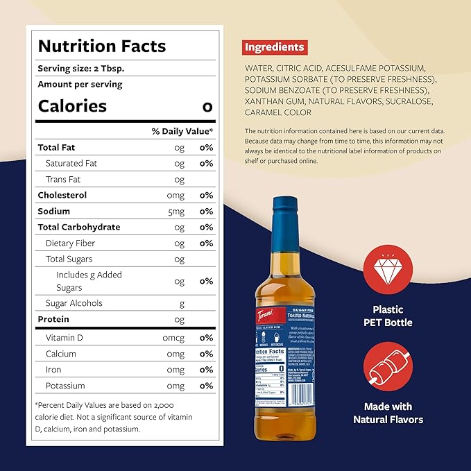 Torani Sugar Free Coffee Syrup, Toasted Marshmallow Flavored Syrup for Drinks, Zero Calorie, Pump Included, 25.4 Fl Oz