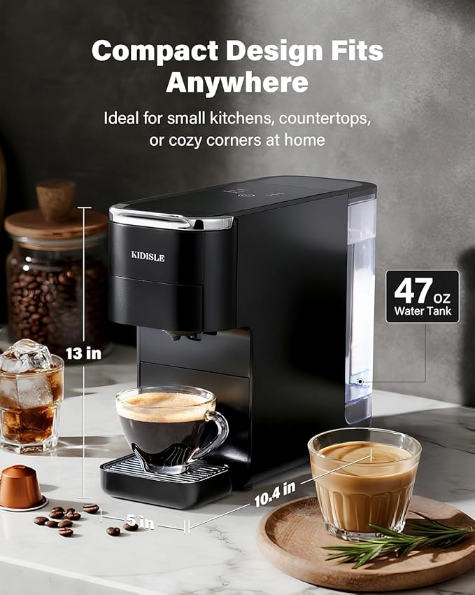 20 Bar Espresso Machine, Compatible with Nespresso Original & Dolce Gusto Capsules, Ground Coffee & ESE Pods, 47.3oz Tank, One-Touch Boil, Smart Controls, Drip Tray & Storage