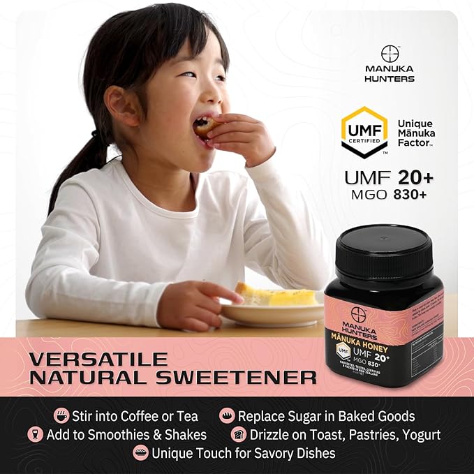 Manuka Hunters UMF 20+/MGO 830+ Certified New Zealand Manuka Honey - 100% Pure Natural Sweetener - Gluten, Dairy Free - Ideal for Tea, Coffee, Smoothies, and Baking - Sustainable - 4.4oz/125g/85ml Jar