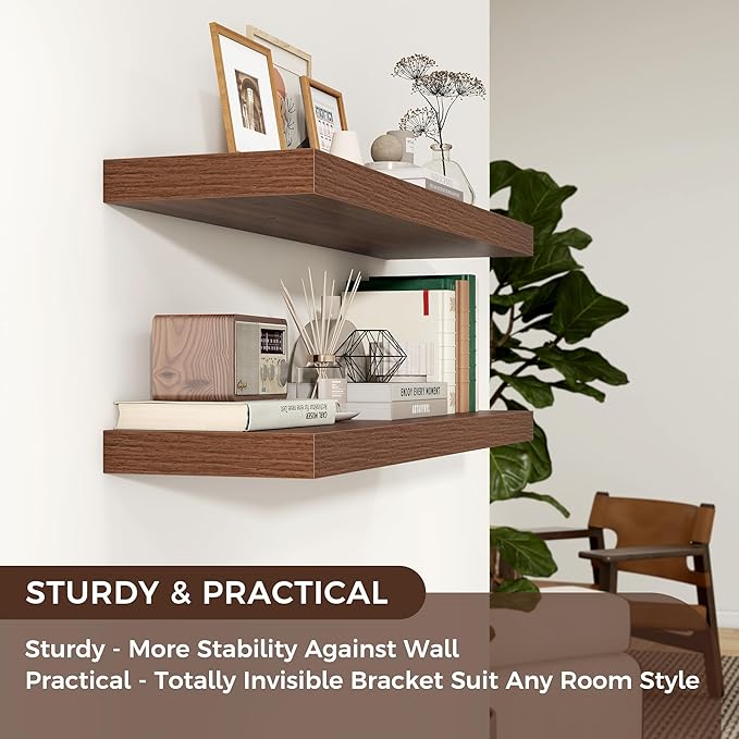 Floating Shelves for Wall, Engineered Wood Wall Shelves with Invisible Brackets for Living Room Bedroom Bathroom Office Kitchen Decor and Storage (Walnut, 36" W x 9" D x 1.5" H) Set of 2