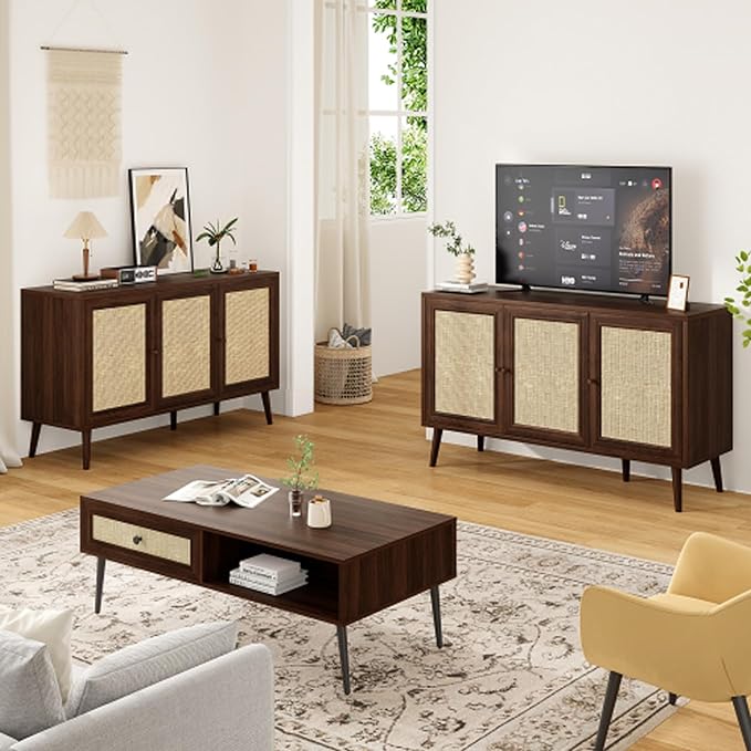 47.2" Buffet Cabinet with Storage Accent Sideboard, Modern Kitchen Cabinet with Rattan Doors, Wood Coffee Bar Table Console for Kitchen Living Room Entryway, Walnut