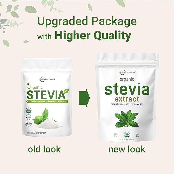 Pure Organic Stevia Powder, 8 Ounces, 1418 Serving, Highest Grade Stevia Green Leaf Extract Reb-A, Reduced Bitter Aftertaste, 0 Calorie, Natural Sweetener, Sugar Alternative, Keto Friendly