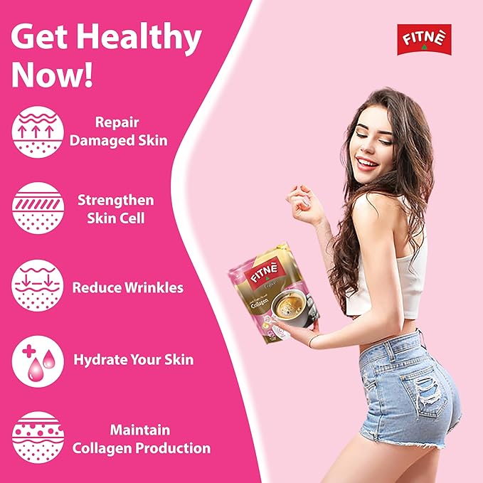 FITNE Instant 3 In 1 Coffee Packets Mix With Natural Hydrolyzed Collagen Vitamin C Smooth Blend Tasty Aromatic No Sugar Sucralose Sweetener, 30 Sachets