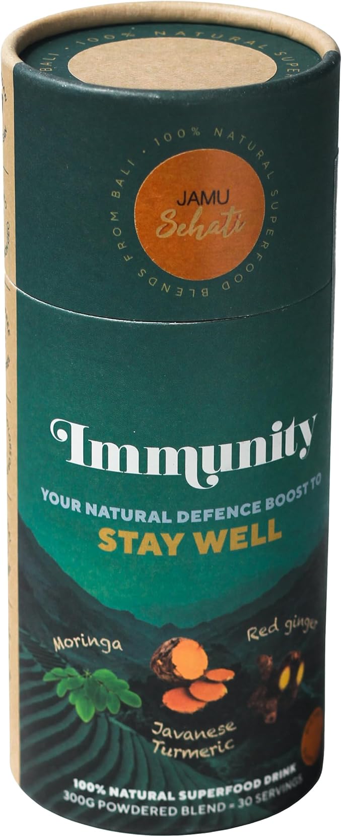 JAMUSEHATI Immunity, Natural Superfoods Blend from Bali, Containing Javanese Turmeric, Red Ginger, Moringa and Matcha, Cylinder (300g)