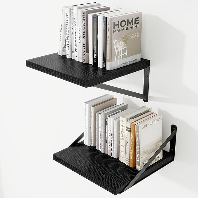 Deep Wall Shelves 12"W x 12"D Engineered Wood Floating Shelves for Wall, Sturdy Metal Bracket Bookshelves Home Decor Storage for Living Room Bedroom Bathroom Kitchen, Set of 2, Black Finish