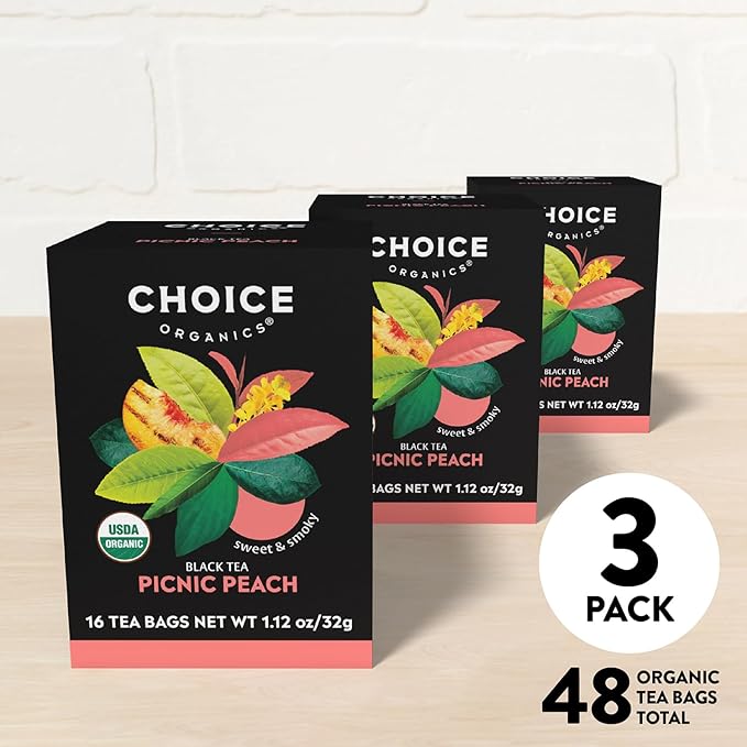 Choice Organics - Organic Picnic Peach Tea (3 Pack) - Rainforest Alliance - Contains Caffeine - 48 Organic Black Tea Bags