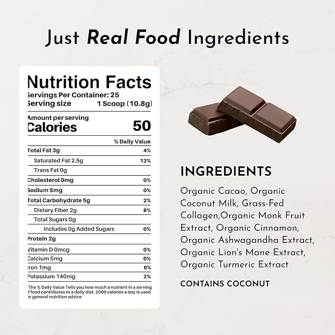 Superfood Hot Chocolate | 25 Servings | With Grass-fed Collagen, Organic Cacao, Cinnamon, Ashwagandha, Turmeric & Lion’s Mane | No Sugar Added | Supports Gut Health, Immunity & Cognitive Function*
