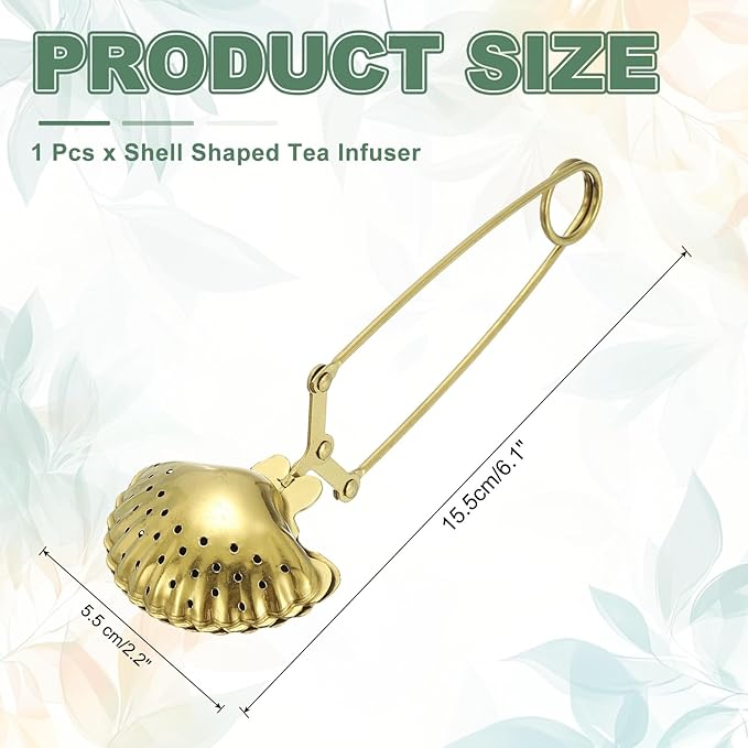 uxcell 1 Pcs Tea Infuser, Stainless Steel Loose Leaf Tea Infuser Filter, Long Handle Tea Steeper Strainers for Cup and Teapot for Tearoom Office Home, Shell Shaped Gold