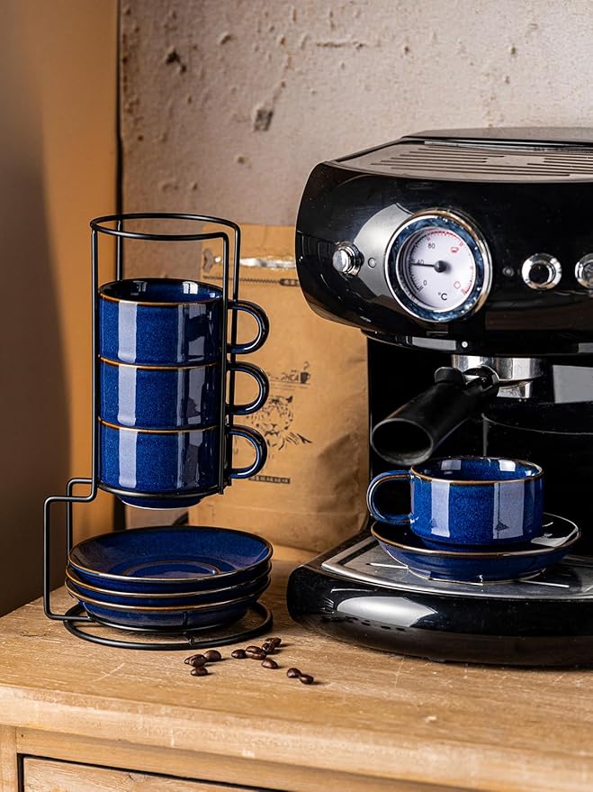 Gomakren 6 Ounce Cappuccino Cups with Saucers and Metal Stand, Stackable Coffee Cup Set of 4, Christmas Porcelain Espresso Cups for Coffee Drinks, Cappuccino, Latte, Americano, Tea, Cobalt Blue