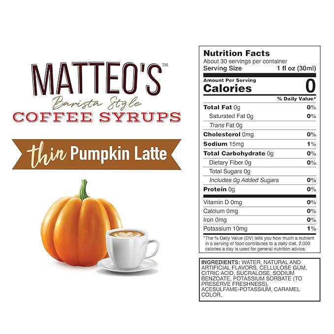 Matteo's Pumpkin Latte Syrup for Coffee, Lattes, Cappuccinos & Desserts – Sugar-Free Sweetener for Beverages, Keto Friendly, Zero Calories, Indulgent Flavor, Non-Alcoholic, 33.8oz (1pk)