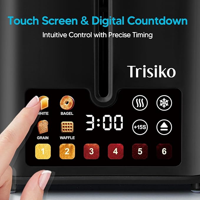 Trisiko® Touch Screen Toaster 2 Slice,Smart Toaster with Digital Timer, 1.38" Extra-Wide Slots for Bread& Bagel,with Reheat, Defrost, Cancel, +15s Boost, Great for Home, Office, Dorm (Black)