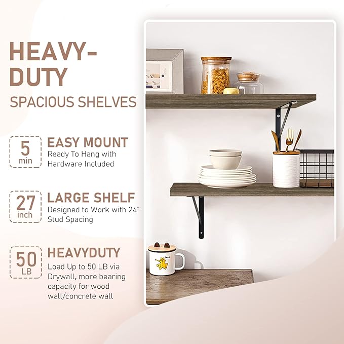 Kaboon 27 inch Long 10 inch Deep Floating Shelves for Wall Set of 2, Large Open Shelves Wall Mounted, Space Saving Home and Commercial Use, Eucalyptus