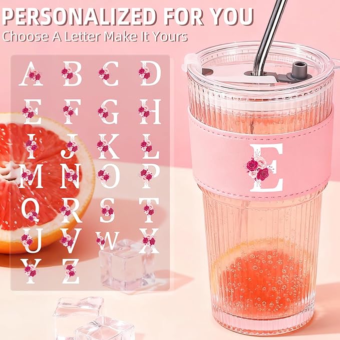 Personalized Gifts for Women,20oz Ribbed Glass Tumbler,Monogrammed Gifts for Women,Birthday Gift,Ice Coffee Mug,Christmas Gift for Mom Sister-E