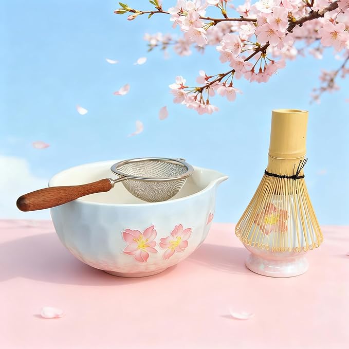Matcha set with tray 8pcs, Japanese Matcha Kit includes Ceramic Matcha Bowl, Bamboo Matcha Whisk (Chasen), Whisk Holder, Macha Scoop(Chashaku), Bamboo Placemat, Sifter, Tea Cloth Chakin，Blue & Pink
