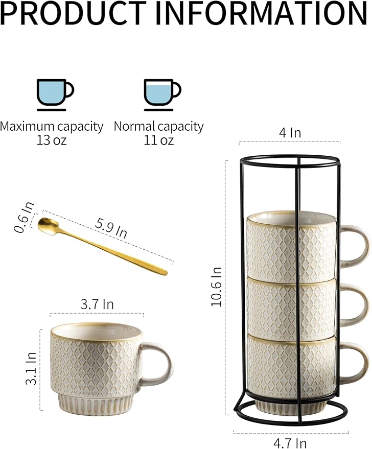 Gomakren Coffee Mugs Set of 4, 13 Ounce Stackable Coffee Mugs with Stand, Christmas Ceramic Coffee Cups with Spoon for Coffee, Espresso, Cappuccino, Latte, Cocoa, Tea and Milk, Creamy White