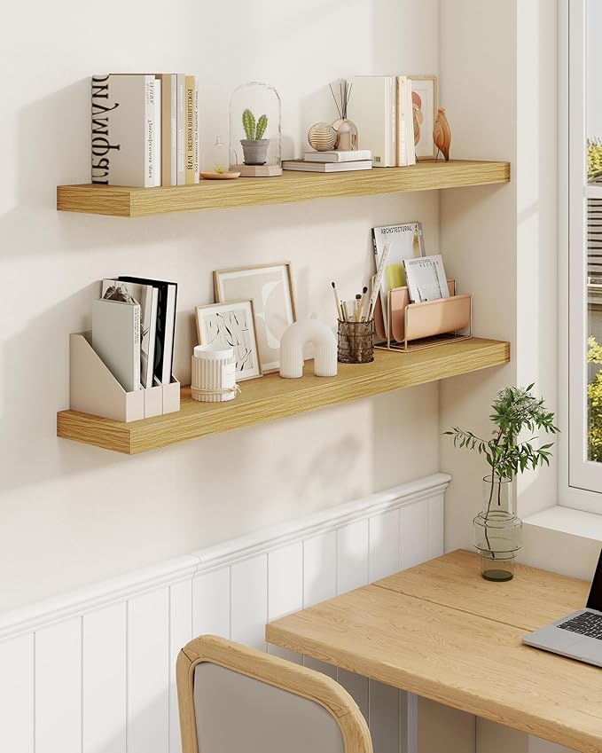 Marsmiles 32" Floating Shelves for Wall, Wooden Shelves with Invisible Brackets Set of 2, Rustic Farmhouse Wall Mounted Shelf for Kitchen Bathroom Living Room Study, Natural Oak