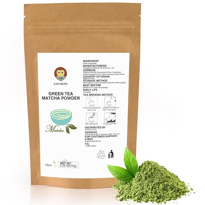 Taiping HK Green Matcha Tea 10 Single Serve Stick Packs For Cooking, Baking, Latte, Smoothie, Hot & Iced Drinks - Antioxidant-Rich, Helps Support Digestive Health - Unsweetened,Vegan(10 Count)