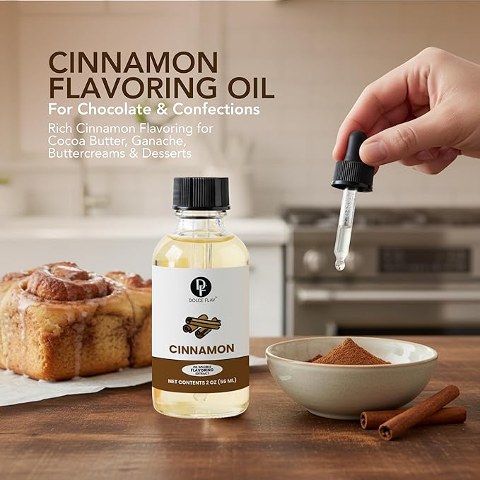 Dolce Flav Natural Cinnamon Extract – 2 Ounce Oil-Soluble Kosher, Sugar-Free, Concentrated Spice Flavor for Candy, Chocolates & Desserts, Includes Measured Dropper