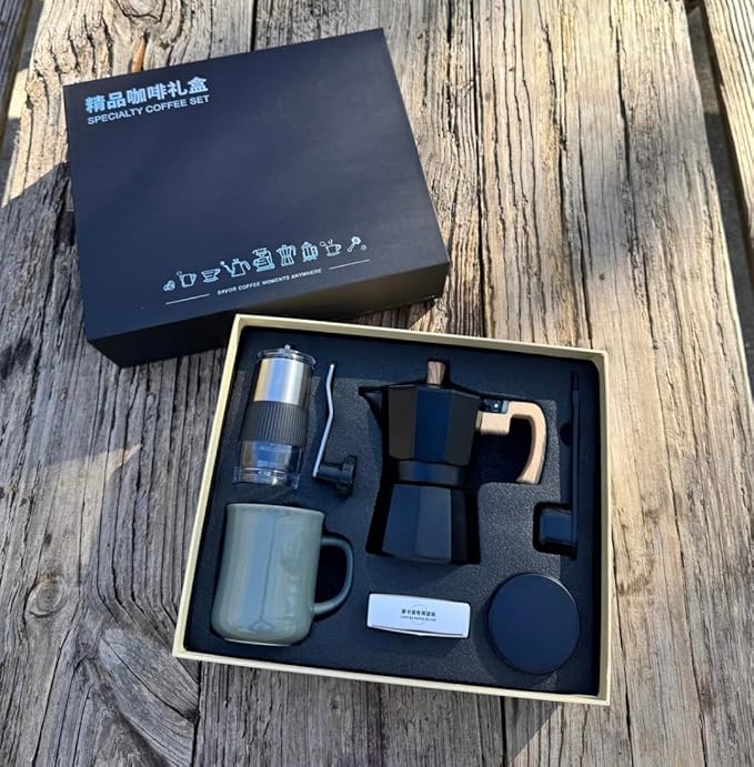 COFFEE BREWING KIT WITH POT, 6 PCS MANUAL, HAND CRANK GRINDER, MEASURING SPOON AND FILTERS, NEW IDEAS PRODUCT, GIFT SET FOR MANUAL COFFEE MAKER
