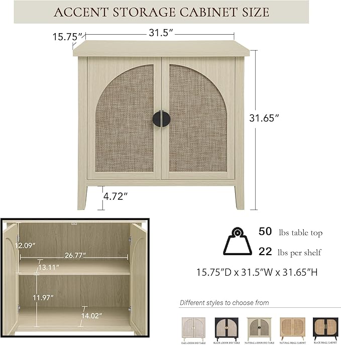 Rattan Door Sideboard Buffet Cabinet, Modern 2-Door Coffee Bar with Adjustable Shelf, Small Wood Credenza Cabinet with Storage for Living Room, Dining Room, Entryway, Natural