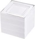 bUCLA 100PCS White and Silver Square Plastic Plates - 6inch Disposable Dessert Plates - Suitable for Weddings, Parties, Christmas