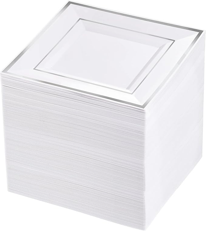 bUCLA 100PCS White and Silver Square Plastic Plates - 6inch Disposable Dessert Plates - Suitable for Weddings, Parties, Christmas
