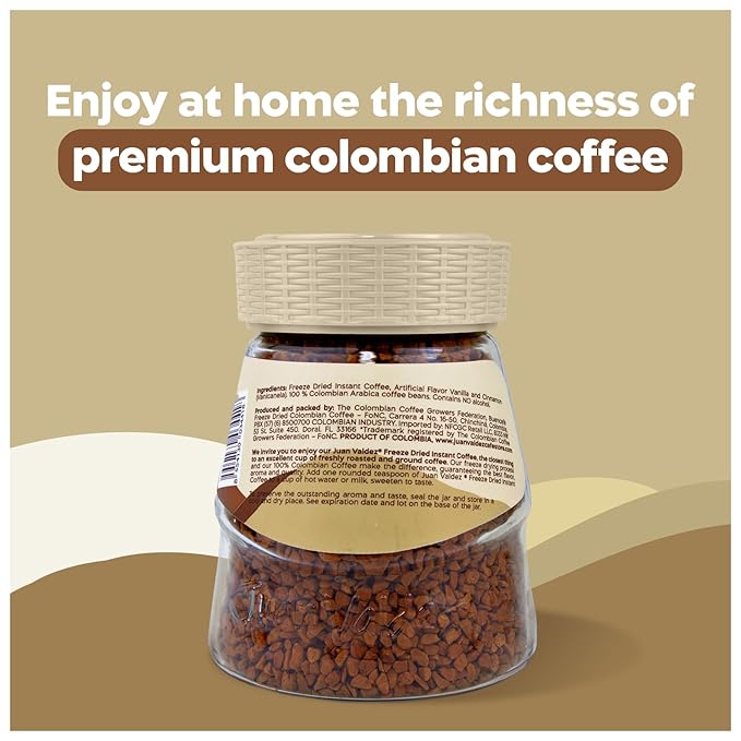 Juan Valdez Freeze-Dried Instant Coffee - Vanilla Cinnamon Flavor | 100% Colombian Arabica Beans | Sweet & Aromatic 100% Colombian Coffee | 3.35 oz / 95 g Jar | Easy to Prepare | 6 Pack