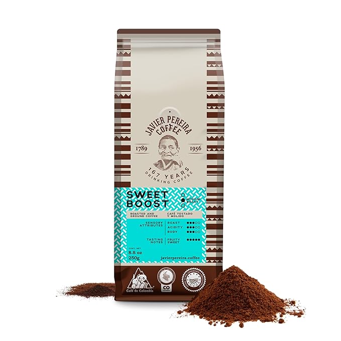 Javier Pereira Coffee - Sweet Boost Colombian Specialty Coffee – Medium Roast – 100% Arabica – Certified Café de Colombia – Sweet Fruity Notes – Ground - 8.8 Oz