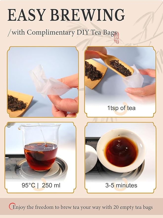 CO-OP 1950 Decaf Puerh Tea Loose Leaf, Decaffeinated, 150g, Premium Yunnan Large-Leaf Aged Fermented Tea, Smooth, Rich & Smooth, No Additives, 20 Empty Teabags Included, Tin