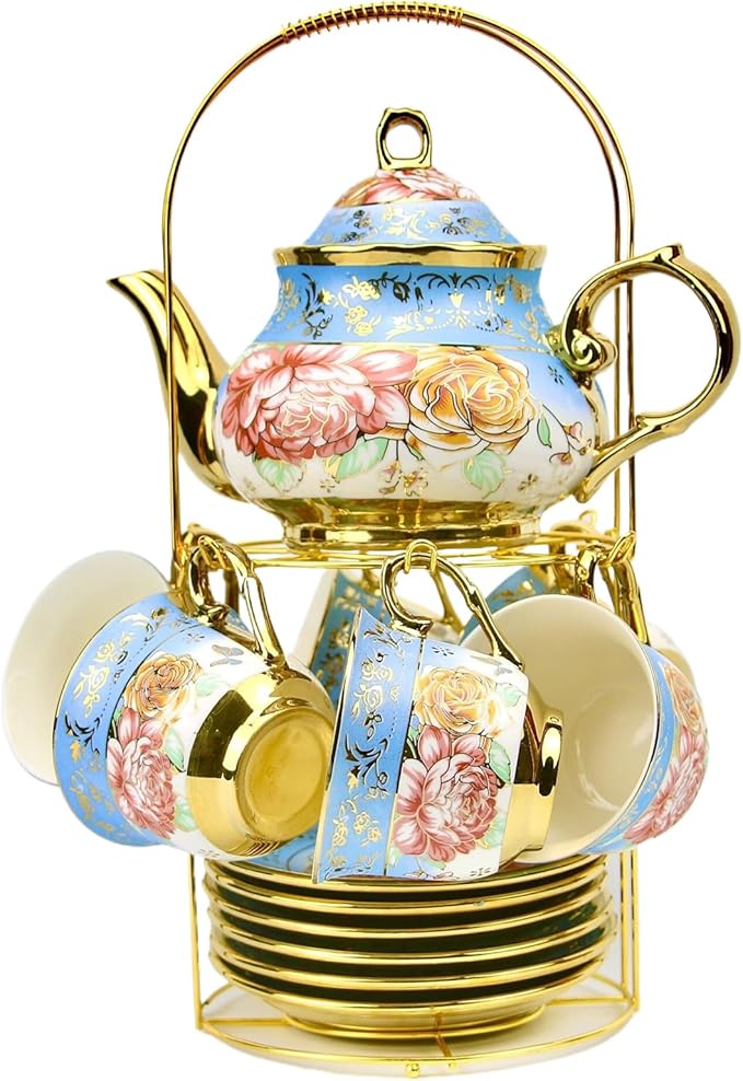 20 Pieces Porcelain Tea Set With Metal Holder, European Ceramic tea set for adults,Flower Tea Set,Tea Set For Women With Flower Painting
