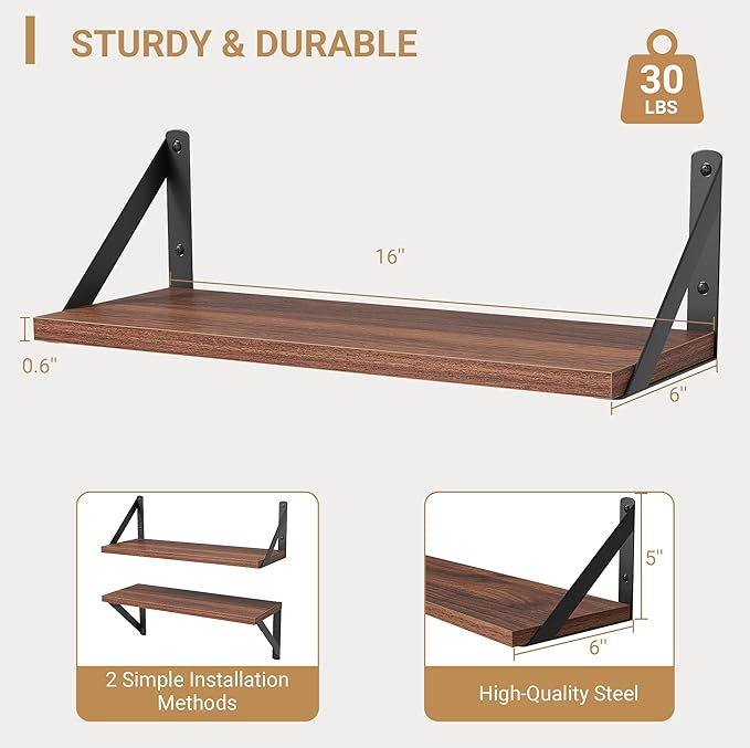 Heimlove Floating Shelves for Wall, 16 Inch Long Wood Floating Shelves Set of 3, Wall Mounted Hanging Shelf for Bathroom Bedroom Kitchen, Walnut