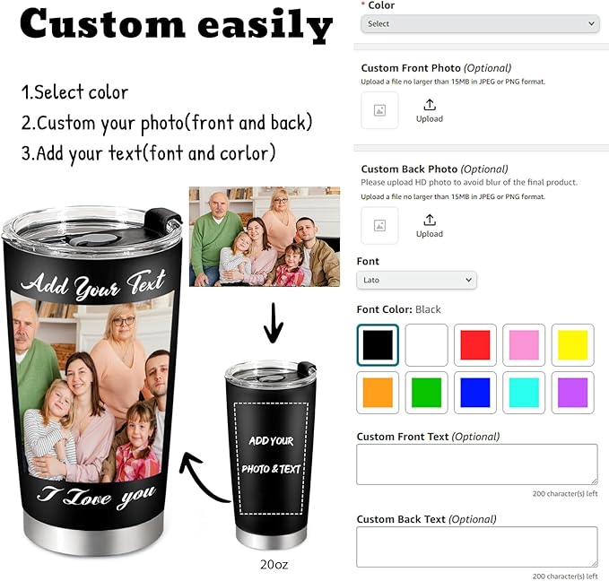 Personalized 20oz Tumbler with Pictures, Custom Insulated Tumblers with Logo, Stainless Steel Travel Coffee Mug, Personalized Gifts for Women Men Birthday Fathers Day Mothers Day