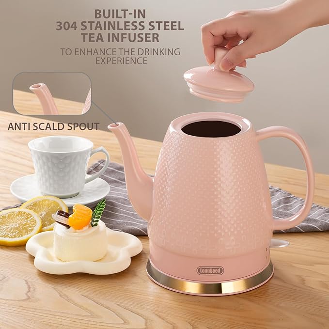 1.2 Liters Ceramic Electric Kettle Pot, Boil Water Quickly and Easily with Boil-Dry Protection, Auto Shut Off, Detachable Swivel Base, Graceful Gooseneck Teapot 1000W, Pink