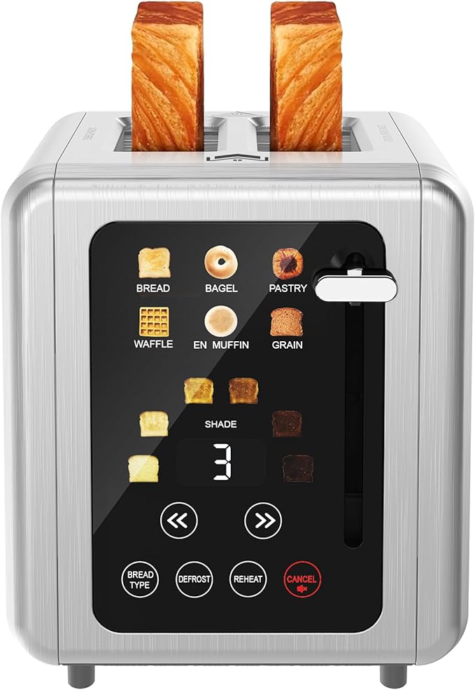 Touch screen Toasters 2 slice, Stainless Steel Digital Timer Toaster with Sound Function, 6 Bread Types & 6 Shade Settings, Smart Extra Wide Slots Toaster with Bagel, Defrost Functions,Grey